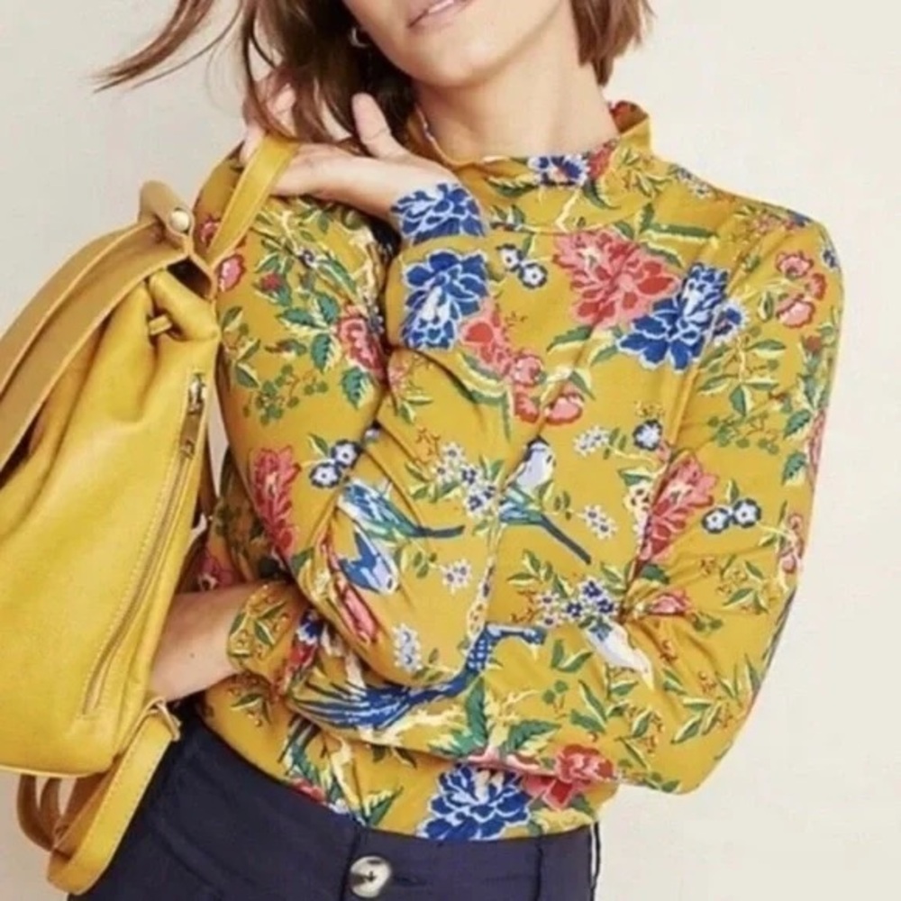 Maeve Floral Peacock Minuit Turtleneck Top Gold Yellow XXS Anthropologie